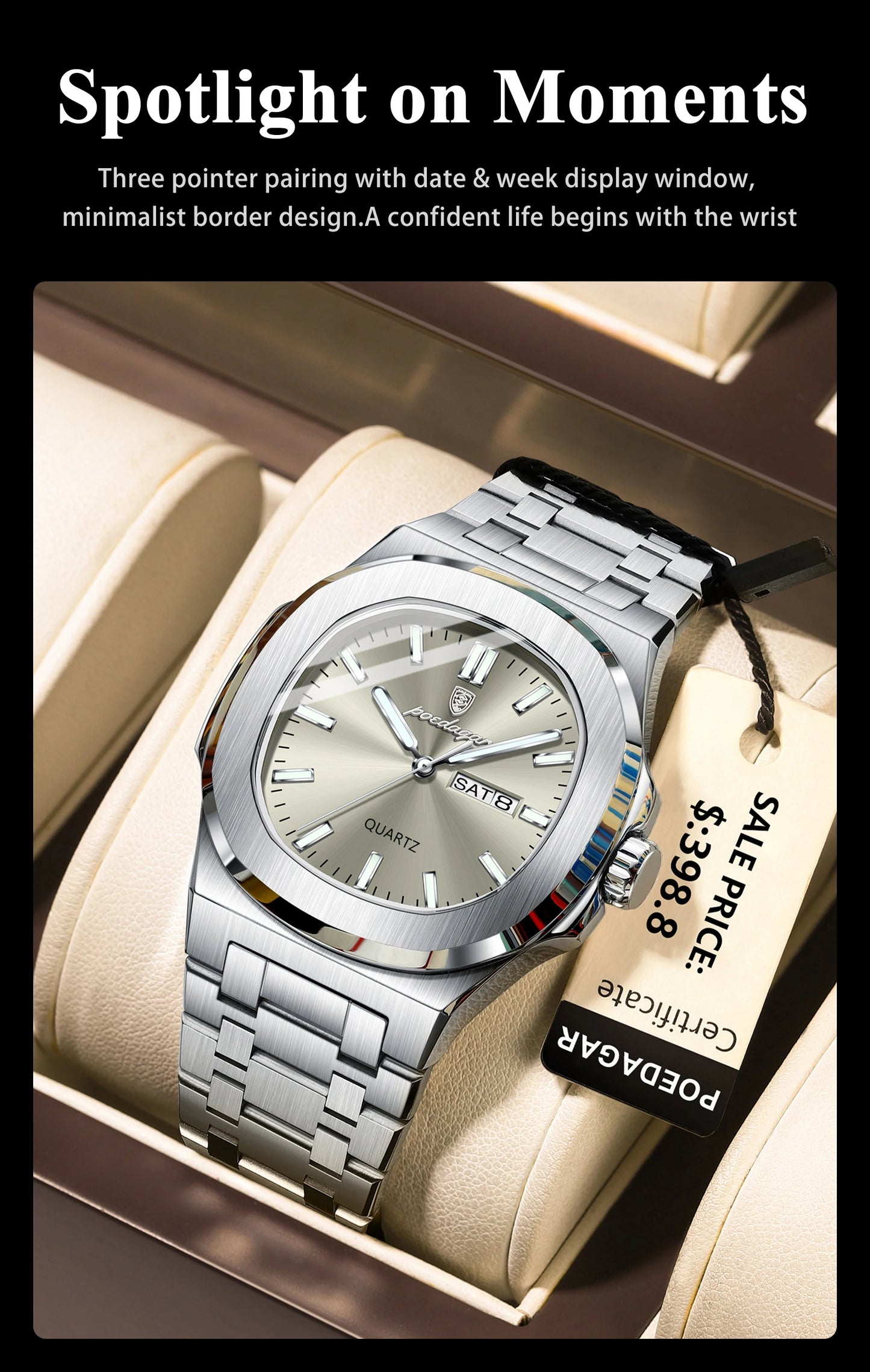 POEDAGAR Montre Homme Militaire De Luxe Carré Étanche Lumineux Date Semaine Hommes Montre En Acier Inoxydable Quartz Hommes Montres Reloj + boîte