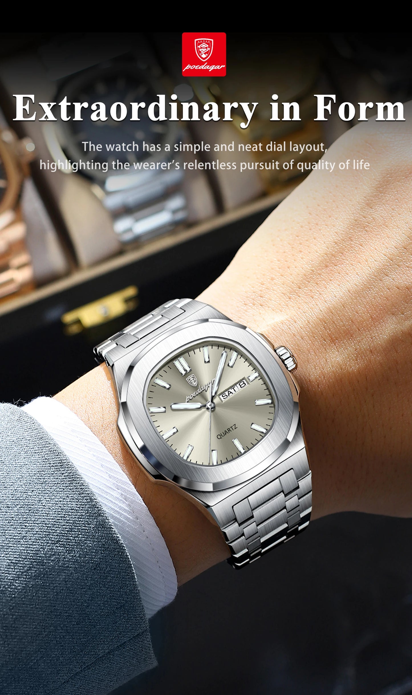 POEDAGAR Montre Homme Militaire De Luxe Carré Étanche Lumineux Date Semaine Hommes Montre En Acier Inoxydable Quartz Hommes Montres Reloj + boîte