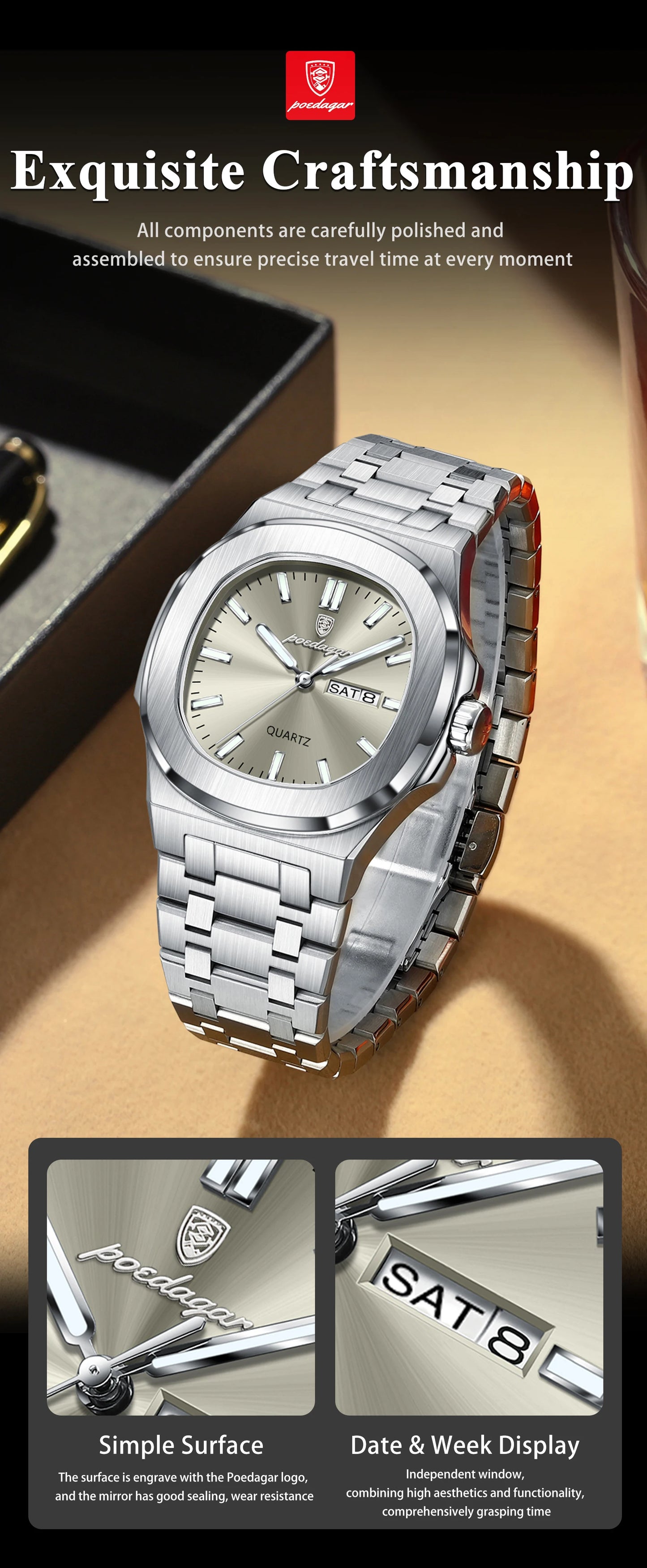 POEDAGAR Montre Homme Militaire De Luxe Carré Étanche Lumineux Date Semaine Hommes Montre En Acier Inoxydable Quartz Hommes Montres Reloj + boîte