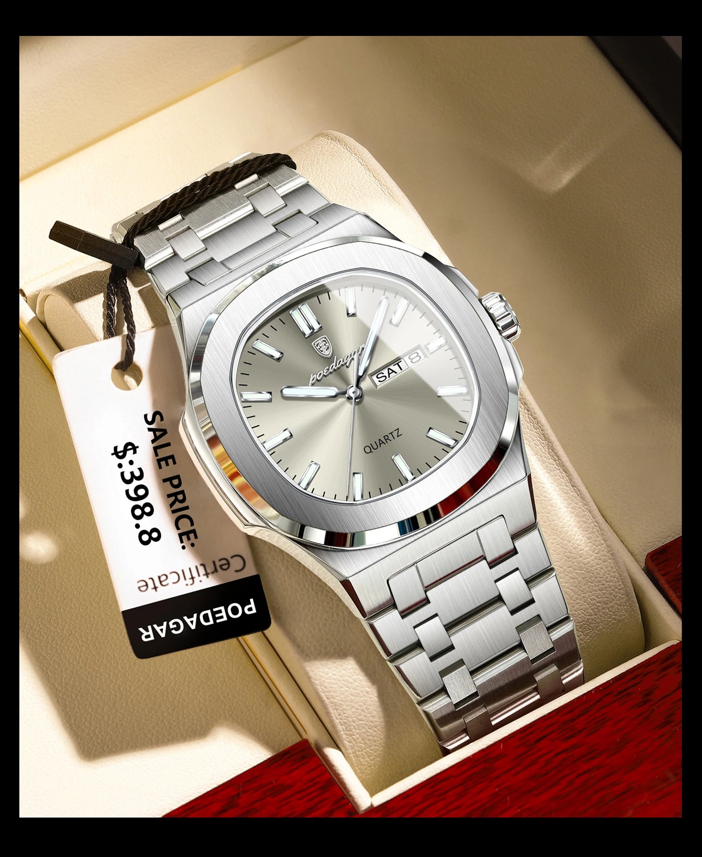 POEDAGAR Montre Homme Militaire De Luxe Carré Étanche Lumineux Date Semaine Hommes Montre En Acier Inoxydable Quartz Hommes Montres Reloj + boîte