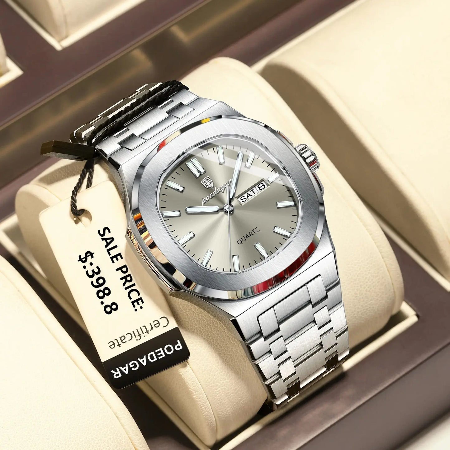 POEDAGAR Montre Homme Militaire De Luxe Carré Étanche Lumineux Date Semaine Hommes Montre En Acier Inoxydable Quartz Hommes Montres Reloj + boîte