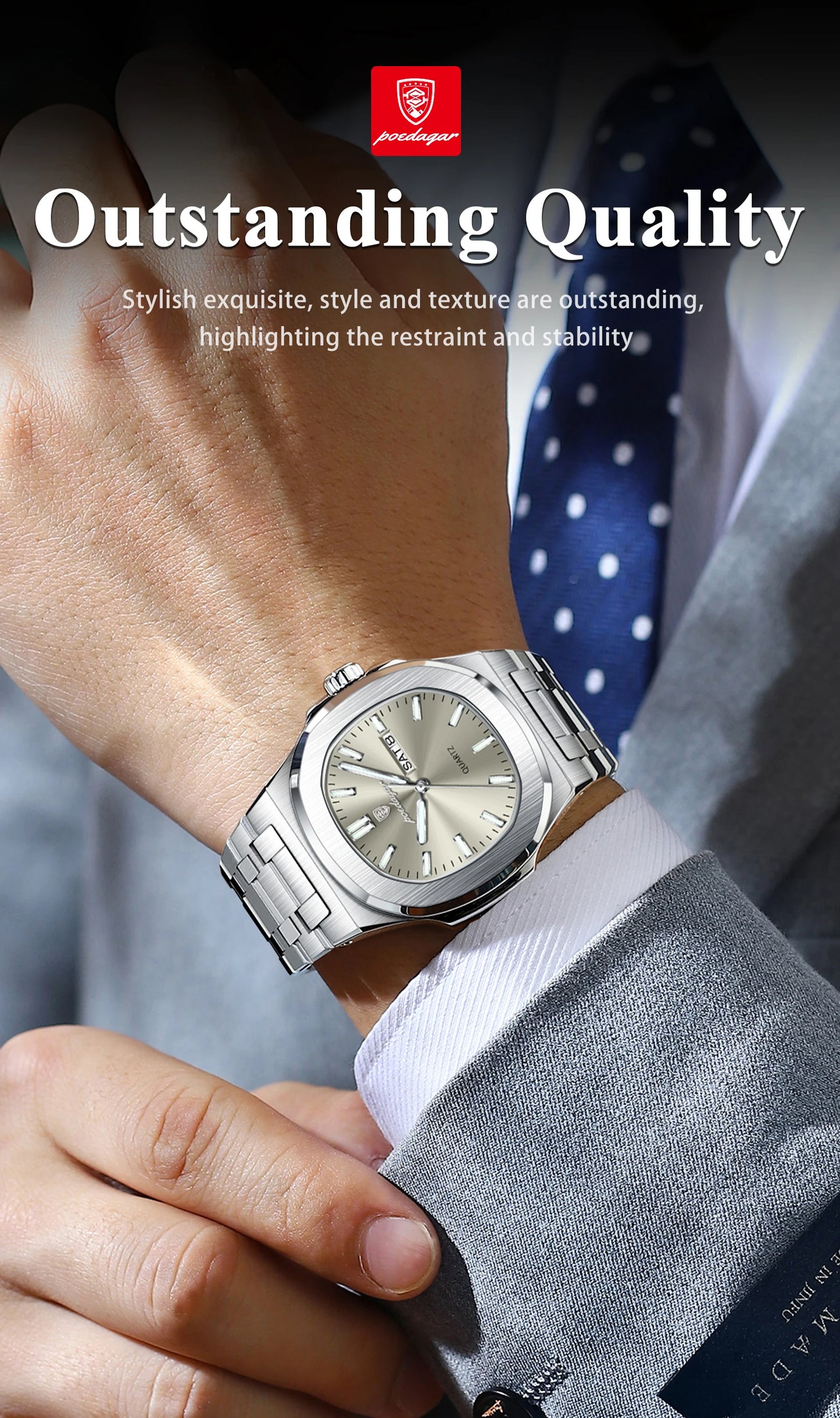 POEDAGAR Montre Homme Militaire De Luxe Carré Étanche Lumineux Date Semaine Hommes Montre En Acier Inoxydable Quartz Hommes Montres Reloj + boîte