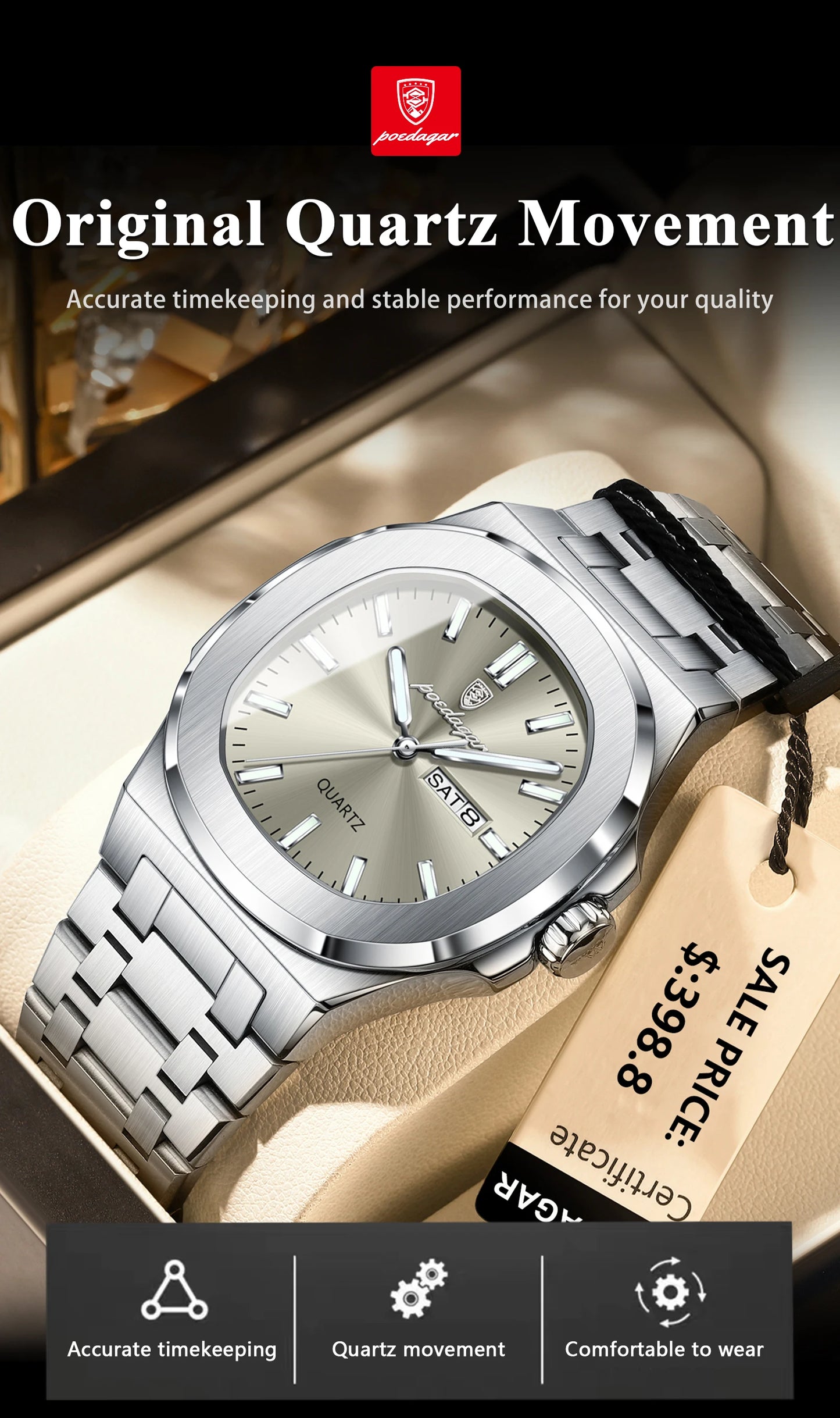 POEDAGAR Montre Homme Militaire De Luxe Carré Étanche Lumineux Date Semaine Hommes Montre En Acier Inoxydable Quartz Hommes Montres Reloj + boîte