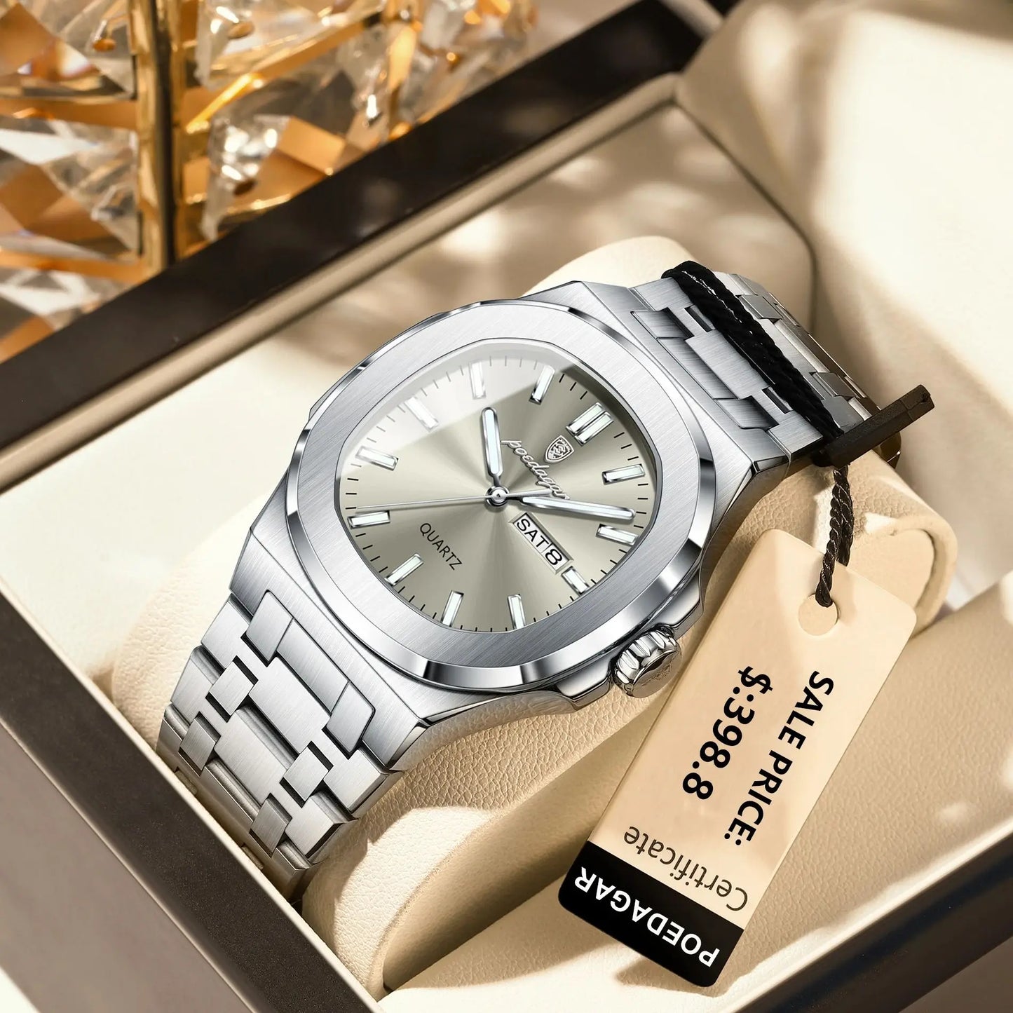 POEDAGAR Montre Homme Militaire De Luxe Carré Étanche Lumineux Date Semaine Hommes Montre En Acier Inoxydable Quartz Hommes Montres Reloj + boîte