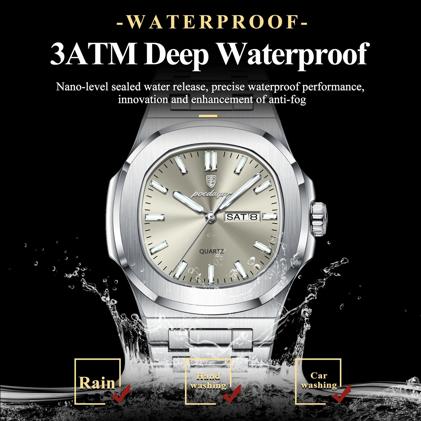 POEDAGAR Montre Homme Militaire De Luxe Carré Étanche Lumineux Date Semaine Hommes Montre En Acier Inoxydable Quartz Hommes Montres Reloj + boîte