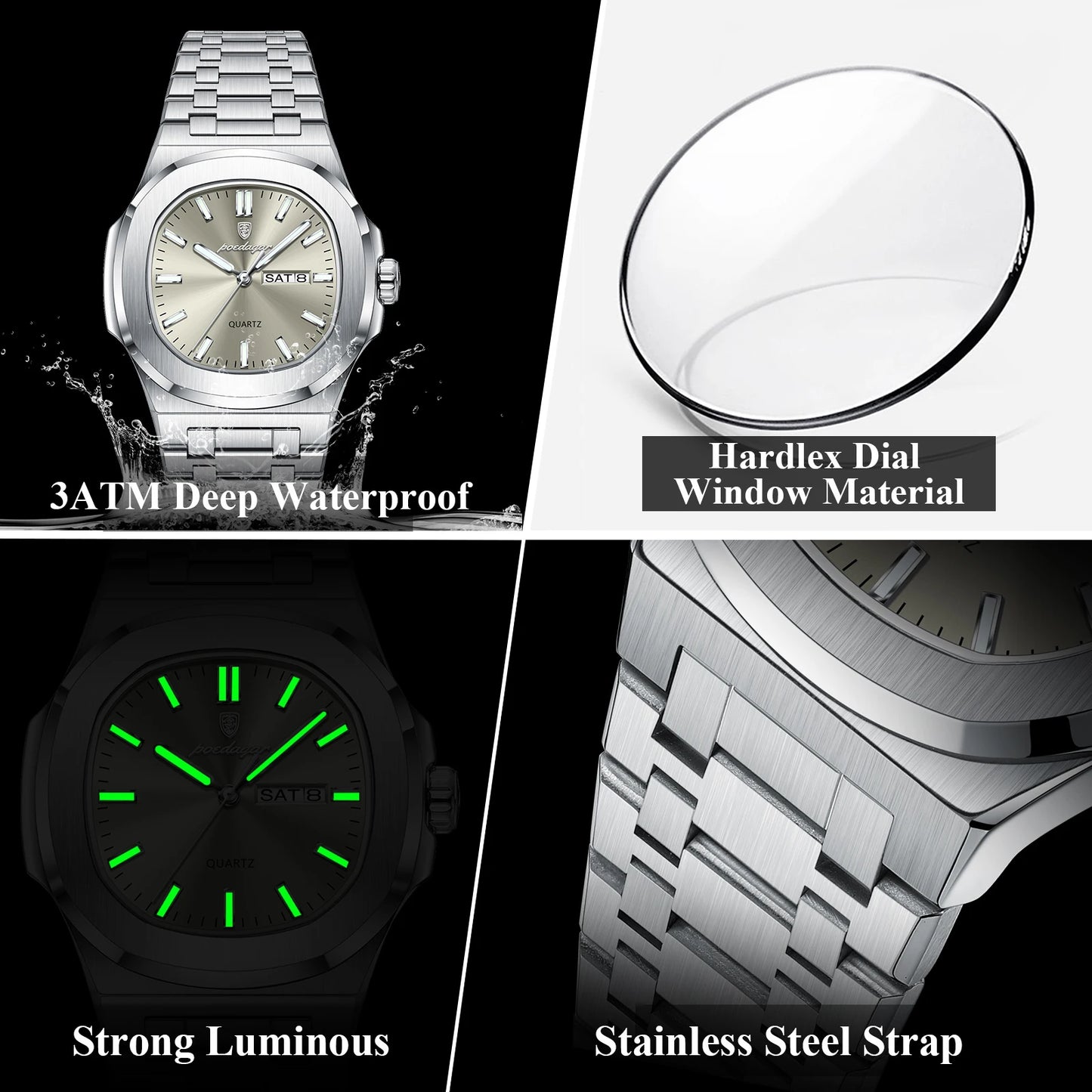 POEDAGAR Montre Homme Militaire De Luxe Carré Étanche Lumineux Date Semaine Hommes Montre En Acier Inoxydable Quartz Hommes Montres Reloj + boîte