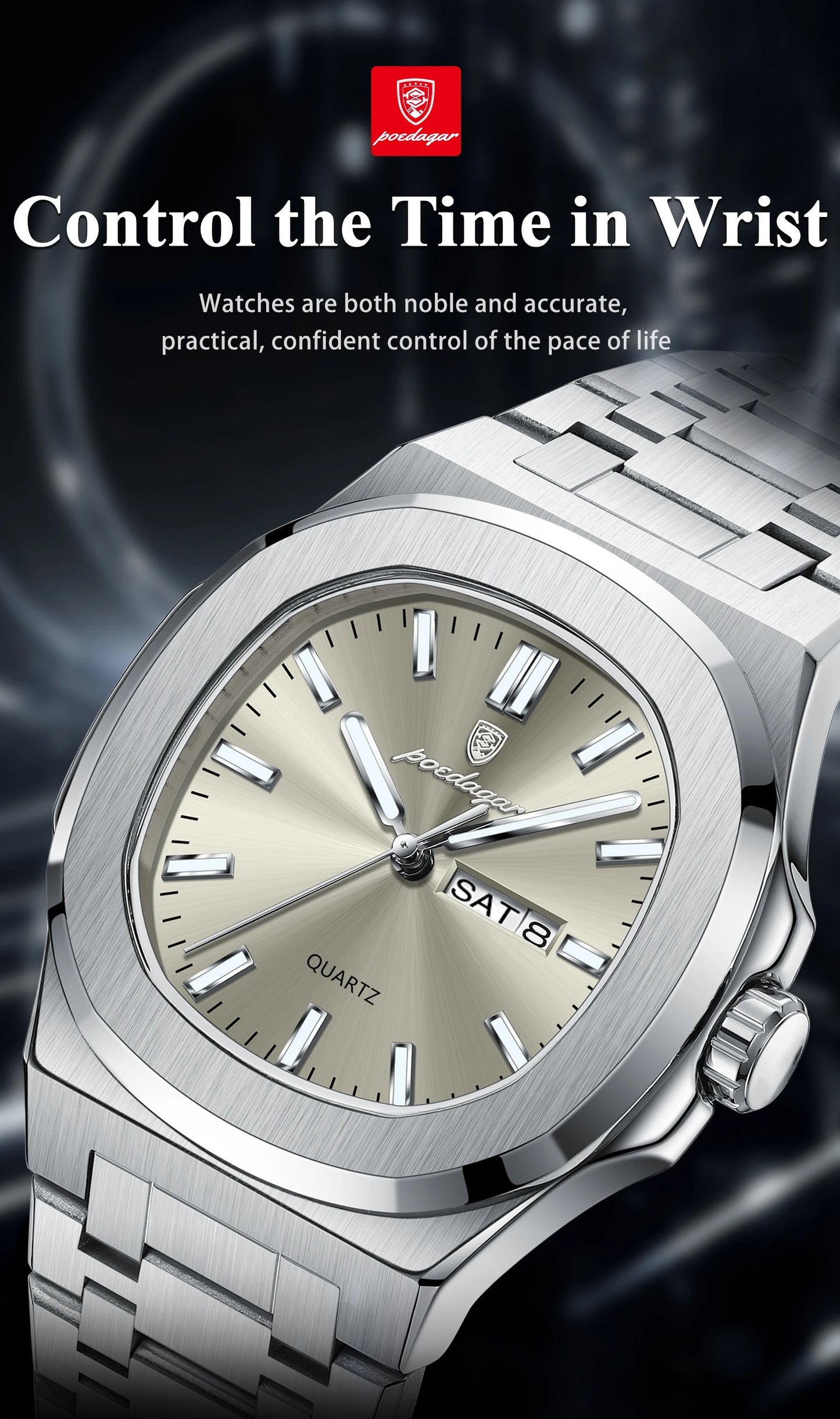 POEDAGAR Montre Homme Militaire De Luxe Carré Étanche Lumineux Date Semaine Hommes Montre En Acier Inoxydable Quartz Hommes Montres Reloj + boîte