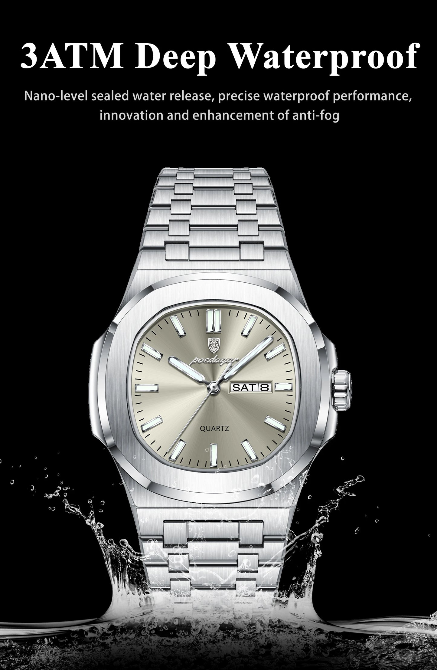 POEDAGAR Montre Homme Militaire De Luxe Carré Étanche Lumineux Date Semaine Hommes Montre En Acier Inoxydable Quartz Hommes Montres Reloj + boîte