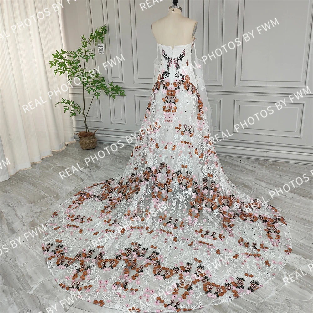 20058# Real Photos Colorful Flowers Embroidery Lace Wedding Dress Strapless Boho Low Back Customized Bridal Gown For Women 2024