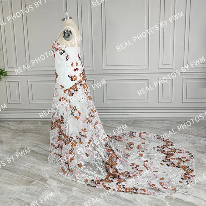 20058# Real Photos Colorful Flowers Embroidery Lace Wedding Dress Strapless Boho Low Back Customized Bridal Gown For Women 2024