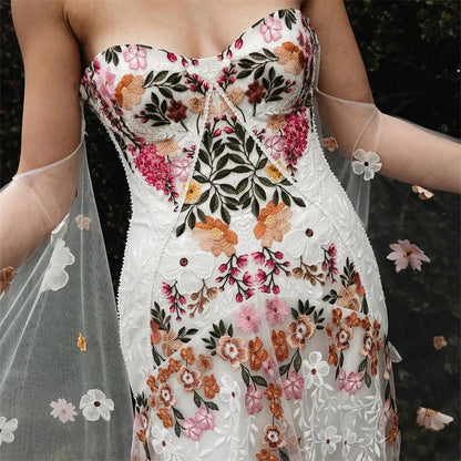 20058# Real Photos Colorful Flowers Embroidery Lace Wedding Dress Strapless Boho Low Back Customized Bridal Gown For Women 2024