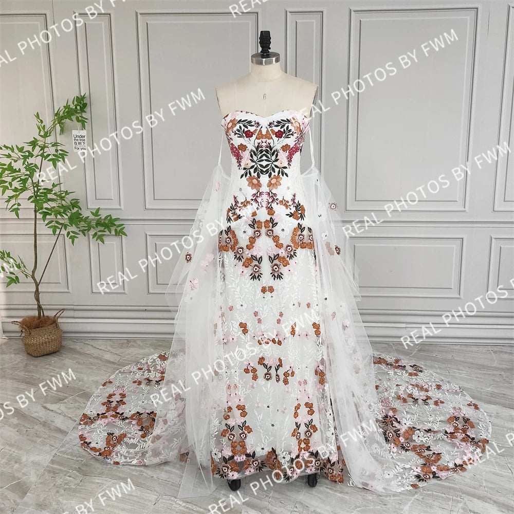 20058# Real Photos Colorful Flowers Embroidery Lace Wedding Dress Strapless Boho Low Back Customized Bridal Gown For Women 2024