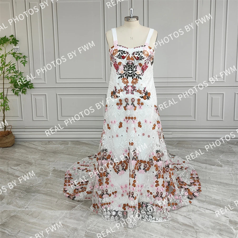 20058# Real Photos Colorful Flowers Embroidery Lace Wedding Dress Strapless Boho Low Back Customized Bridal Gown For Women 2024