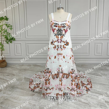 20058# Real Photos Colorful Flowers Embroidery Lace Wedding Dress Strapless Boho Low Back Customized Bridal Gown For Women 2024