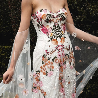 20058# Real Photos Colorful Flowers Embroidery Lace Wedding Dress Strapless Boho Low Back Customized Bridal Gown For Women 2024