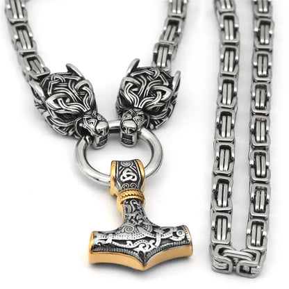 Stainless Steel Nordic Celtic Men's Necklace Viking Wolf Head Thor Hammer Pendant