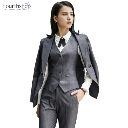 2022 Fashion Women Suits Office Lady Business Work Uniforms Formal Pant Suits Female 3 Piece Set Striped Pants Blazer and Vest