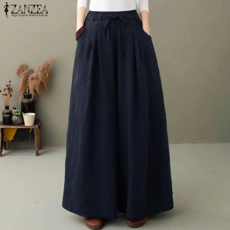 Women's Wide Leg Pants ZANZEA Stylish Culottes Trousers Casual Long Pantalon Palazzo Female Elastic Waist Turnip