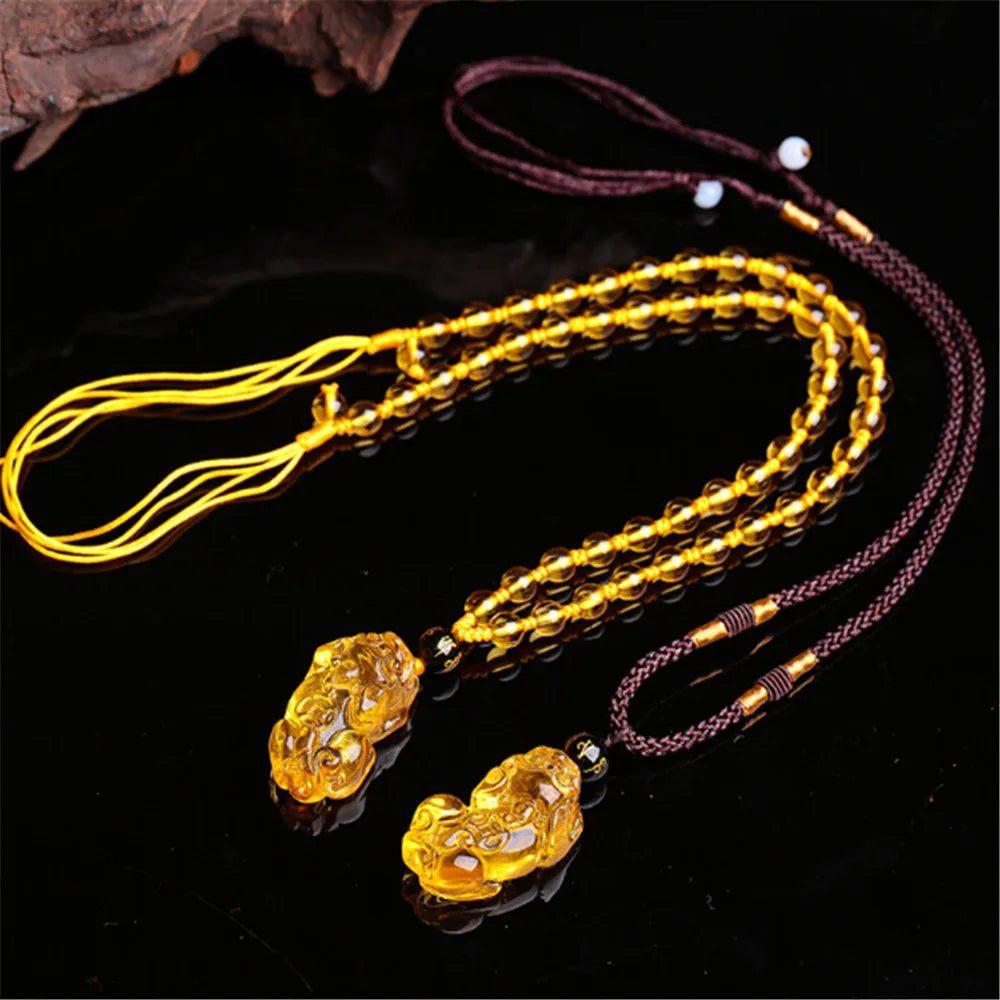 Hand Carved Natural Citrine Pixiu Pendant Men Women Bring Wealth Yellow Crystal Amulet Necklace Sweater Chain Dropship