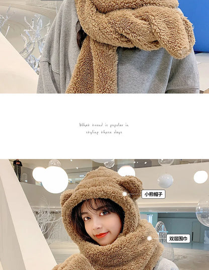 New Fashion Beanies Caps Winter Woman Scarf Cute Bear Ear Hat Girls Warm Head Hood Plush Hat Scarf Set Casual Women Bonnet Caps