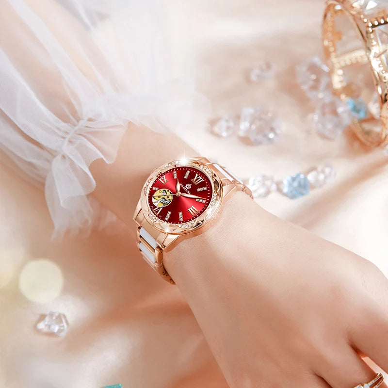 Montre Femme Rose Gold ORKINA Luxury Top Brand Women's Watches Ceramic Skeleton Design Ladies Automatic Mechanical Wristwatches