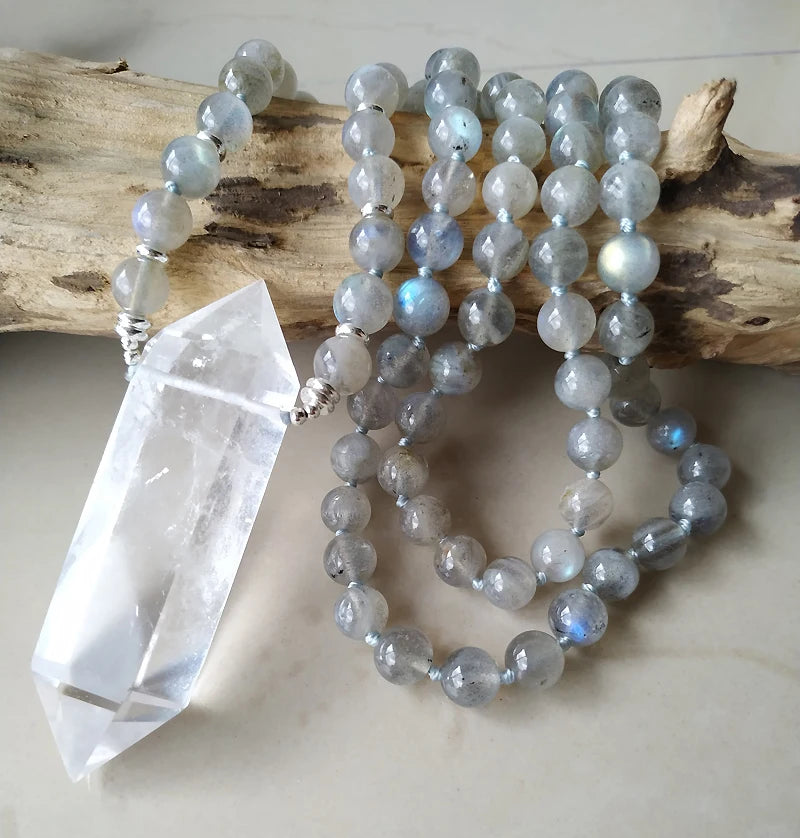 YA4007 Natural Clear Quartz Double Point Pendant Labradorite Stone Beads Knot Necklace 30inch long