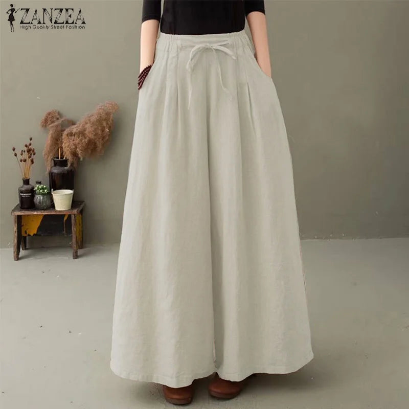 Women's Wide Leg Pants ZANZEA Stylish Culottes Trousers Casual Long Pantalon Palazzo Female Elastic Waist Turnip