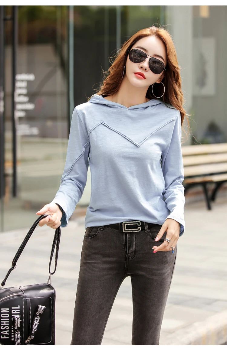 TuangBiang 2023 Spring Long Sleeve Hooded Bamboo Cotton T-shirts Stripe Patchwork Solid Color Tops Ladies Women Blue Tee Shirts