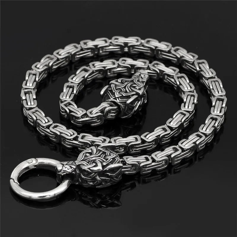 Stainless Steel Nordic Celtic Men's Necklace Viking Wolf Head Thor Hammer Pendant