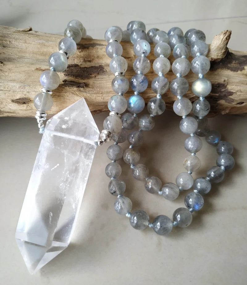 YA4007 Natural Clear Quartz Double Point Pendant Labradorite Stone Beads Knot Necklace 30inch long