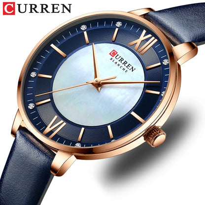 CURREN Branded Women's Watches 2021 Lux Elegant Ladies Wristwatch with Leather Bracelet Royal Blue Часы Женские