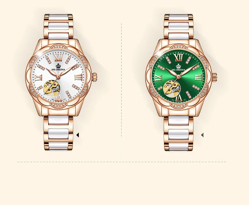 Montre Femme Rose Gold ORKINA Luxury Top Brand Women's Watches Ceramic Skeleton Design Ladies Automatic Mechanical Wristwatches