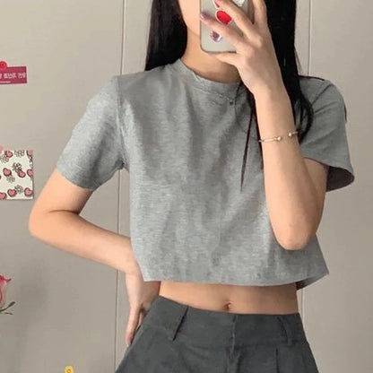 T-shirt Women Cropped Solid Minimalist Hot Sale Slim Casual Fashion Preppy Chic Basic Tops Korean Style Streetwear Popular