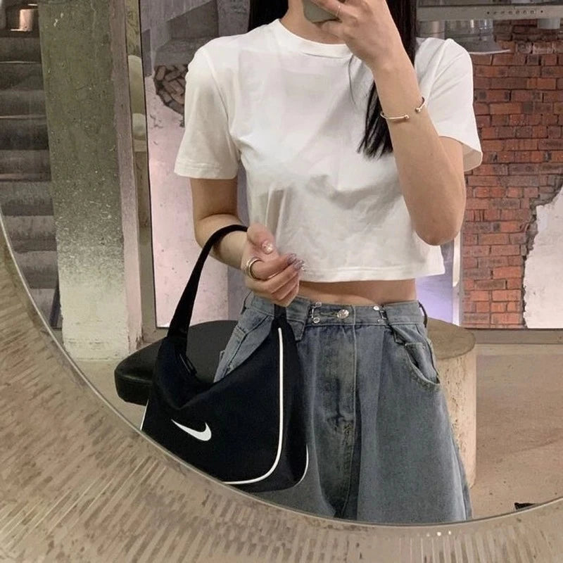 T-shirt Women Cropped Solid Minimalist Hot Sale Slim Casual Fashion Preppy Chic Basic Tops Korean Style Streetwear Popular