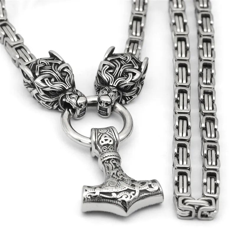 Stainless Steel Nordic Celtic Men's Necklace Viking Wolf Head Thor Hammer Pendant