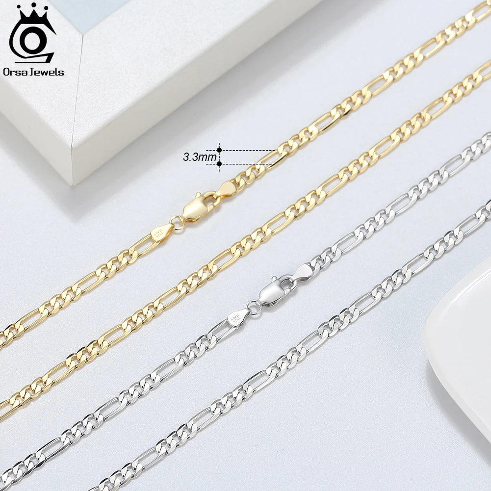 ORSA JEWELS Handmade Italian 3.3mm Diamond-Cut Figaro Chain Necklace 18K Gold over 925 Sterling Silver Men Woman Jewelry SC34