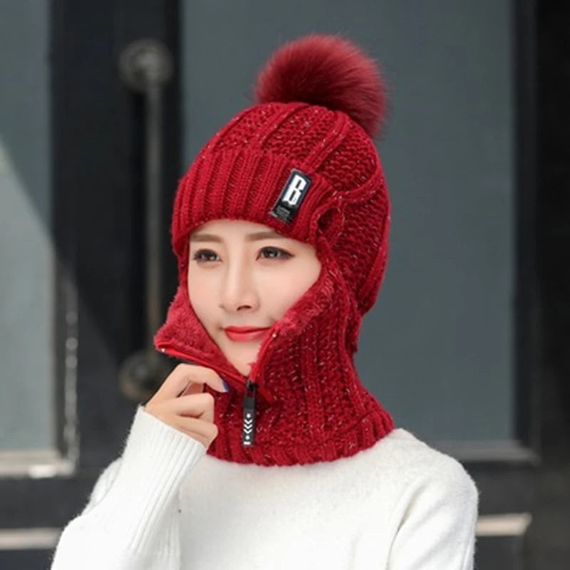 Winter Women's Knitted Caps Plush Pullover Earmuff Bib Cap For Warmth Bonnet Hivers Femme Strickmütze Pompom Fur Warm Hat