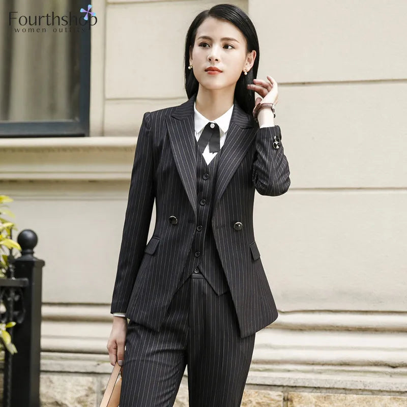 2022 Fashion Women Suits Office Lady Business Work Uniforms Formal Pant Suits Female 3 Piece Set Striped Pants Blazer and Vest