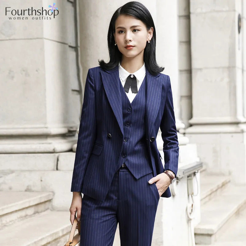 2022 Fashion Women Suits Office Lady Business Work Uniforms Formal Pant Suits Female 3 Piece Set Striped Pants Blazer and Vest