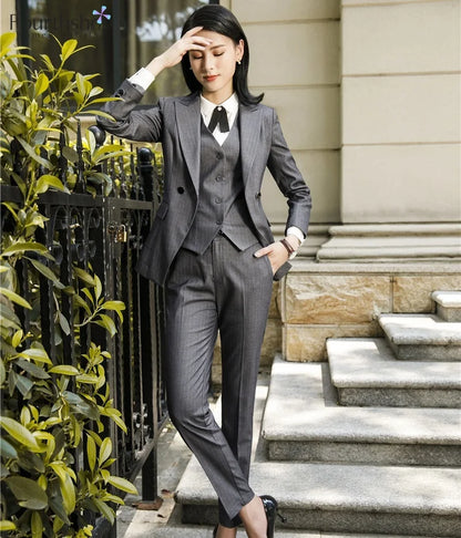 2022 Fashion Women Suits Office Lady Business Work Uniforms Formal Pant Suits Female 3 Piece Set Striped Pants Blazer and Vest