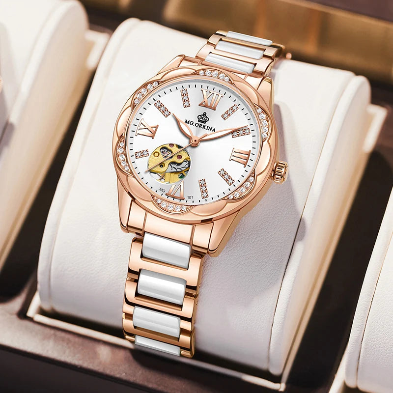 Montre Femme Rose Gold ORKINA Luxury Top Brand Women's Watches Ceramic Skeleton Design Ladies Automatic Mechanical Wristwatches