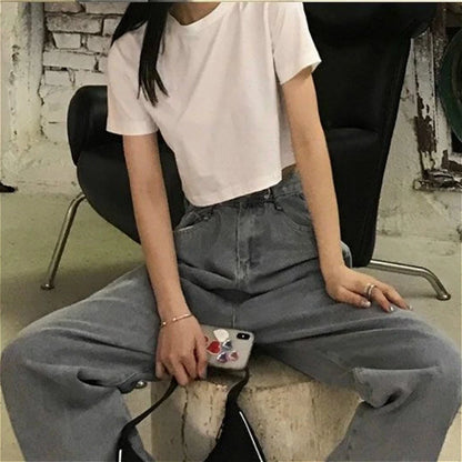 T-shirt Women Cropped Solid Minimalist Hot Sale Slim Casual Fashion Preppy Chic Basic Tops Korean Style Streetwear Popular