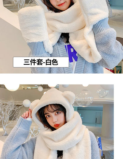 New Fashion Beanies Caps Winter Woman Scarf Cute Bear Ear Hat Girls Warm Head Hood Plush Hat Scarf Set Casual Women Bonnet Caps