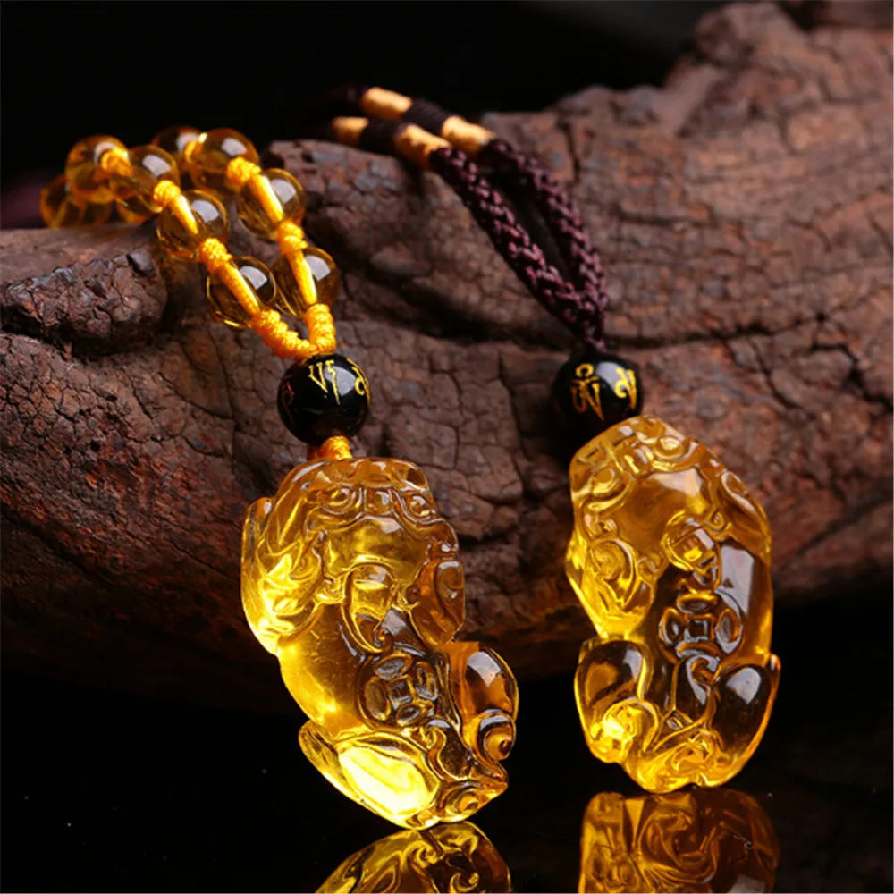 Hand Carved Natural Citrine Pixiu Pendant Men Women Bring Wealth Yellow Crystal Amulet Necklace Sweater Chain Dropship