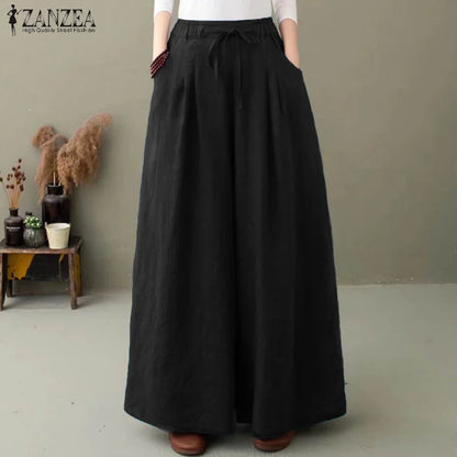 Women's Wide Leg Pants ZANZEA Stylish Culottes Trousers Casual Long Pantalon Palazzo Female Elastic Waist Turnip