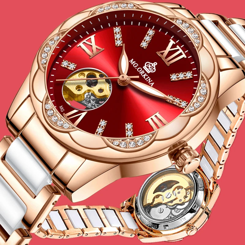 Montre Femme Rose Gold ORKINA Luxury Top Brand Women's Watches Ceramic Skeleton Design Ladies Automatic Mechanical Wristwatches