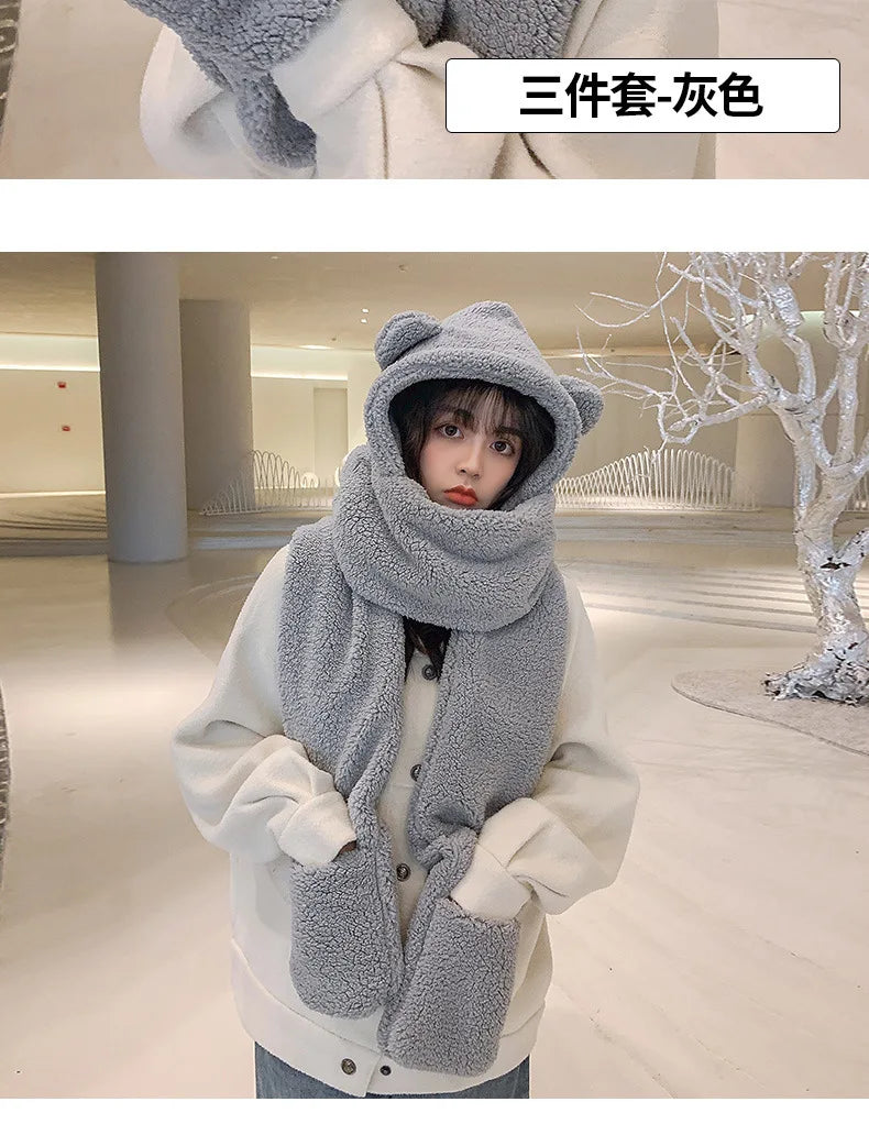 New Fashion Beanies Caps Winter Woman Scarf Cute Bear Ear Hat Girls Warm Head Hood Plush Hat Scarf Set Casual Women Bonnet Caps