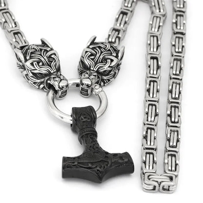 Stainless Steel Nordic Celtic Men's Necklace Viking Wolf Head Thor Hammer Pendant