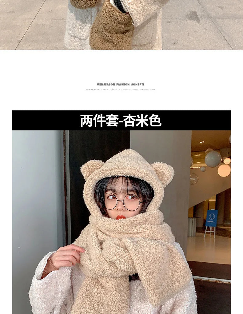 New Fashion Beanies Caps Winter Woman Scarf Cute Bear Ear Hat Girls Warm Head Hood Plush Hat Scarf Set Casual Women Bonnet Caps