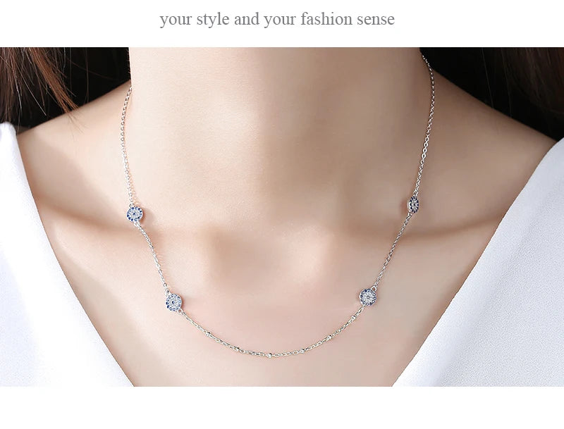 KALETINE 925 Sterling Silver Necklace Earrings Women Round Luck Evil Eye Ring Necklaces Blue Zircon Long Link Turkey Jewelry Set